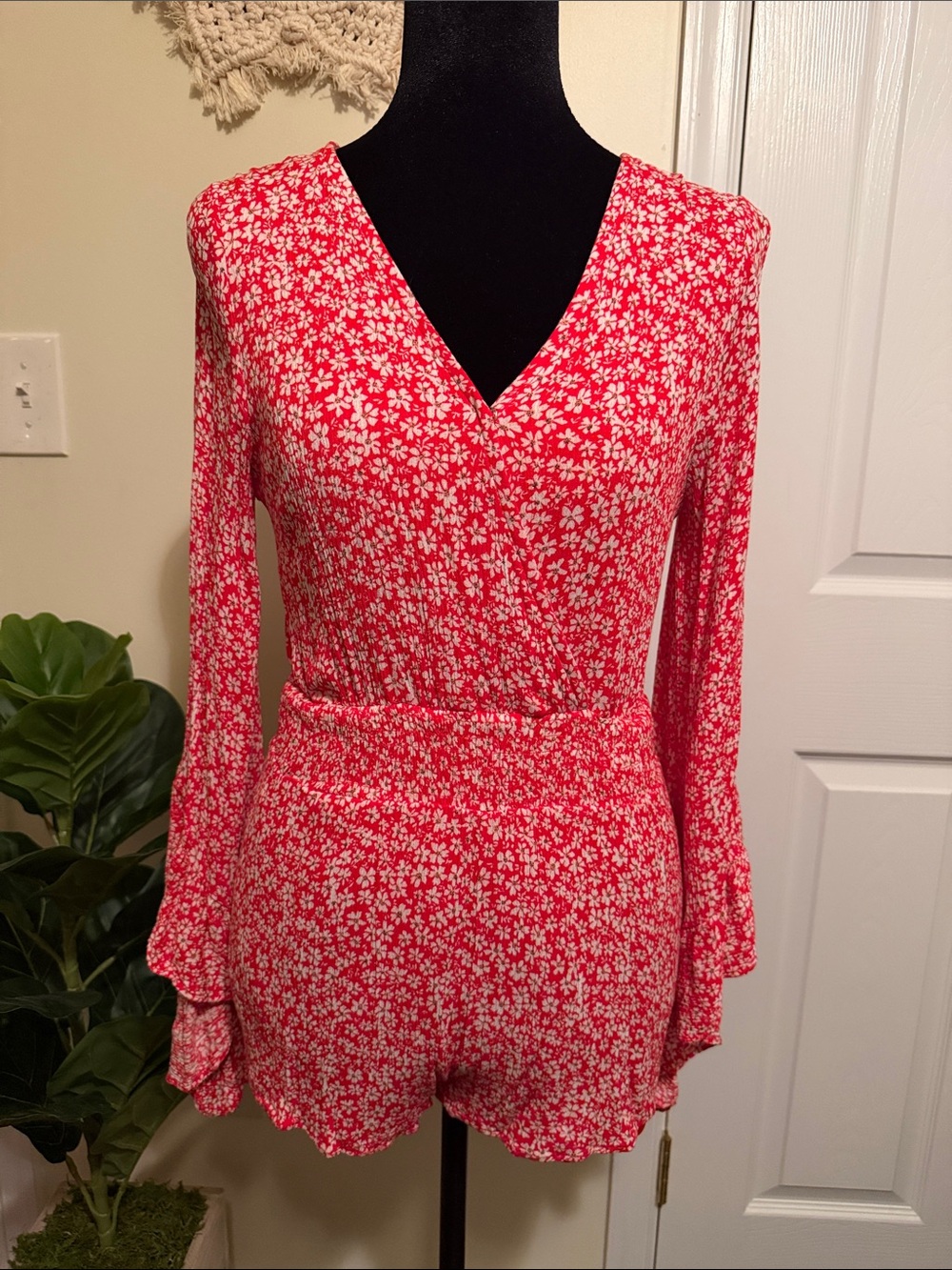 Red Floral V-Neck Long Sleeve Romper
